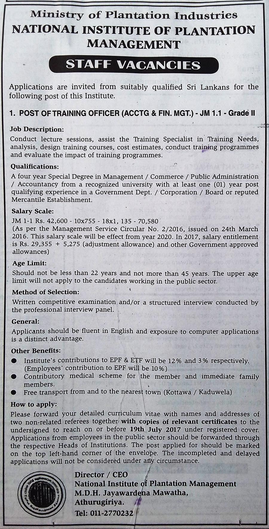 Training Officer (Accounting & Finance Management) - National Institute of Plantation Management